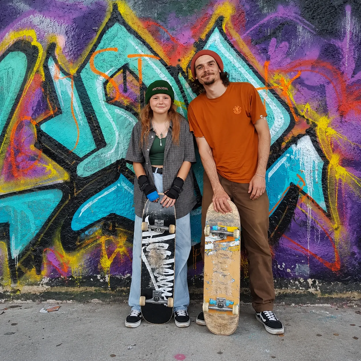 Deux riders du club, planches en main, devant le mur graffé